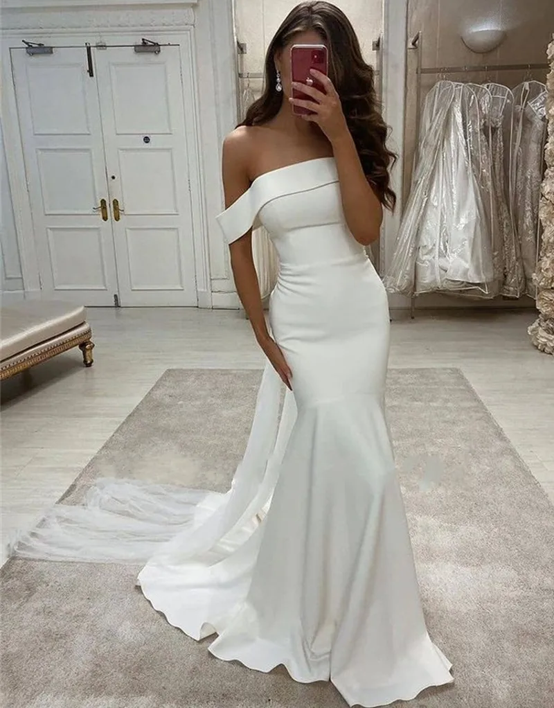 

White Satin Mermaid Wedding Dress Off the Shoulder Strapless Sweep Train Bridal Gown With Cape Mariage Свадебное платье