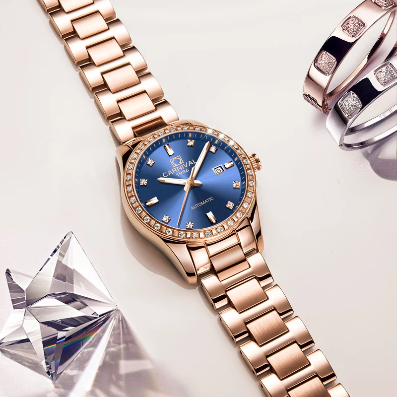 CARNIVAL Brand New Luxury Rose Gold Blue Mechanical Watch for Women Stainless Steel Waterproof Calendar Fashion Womens Watches