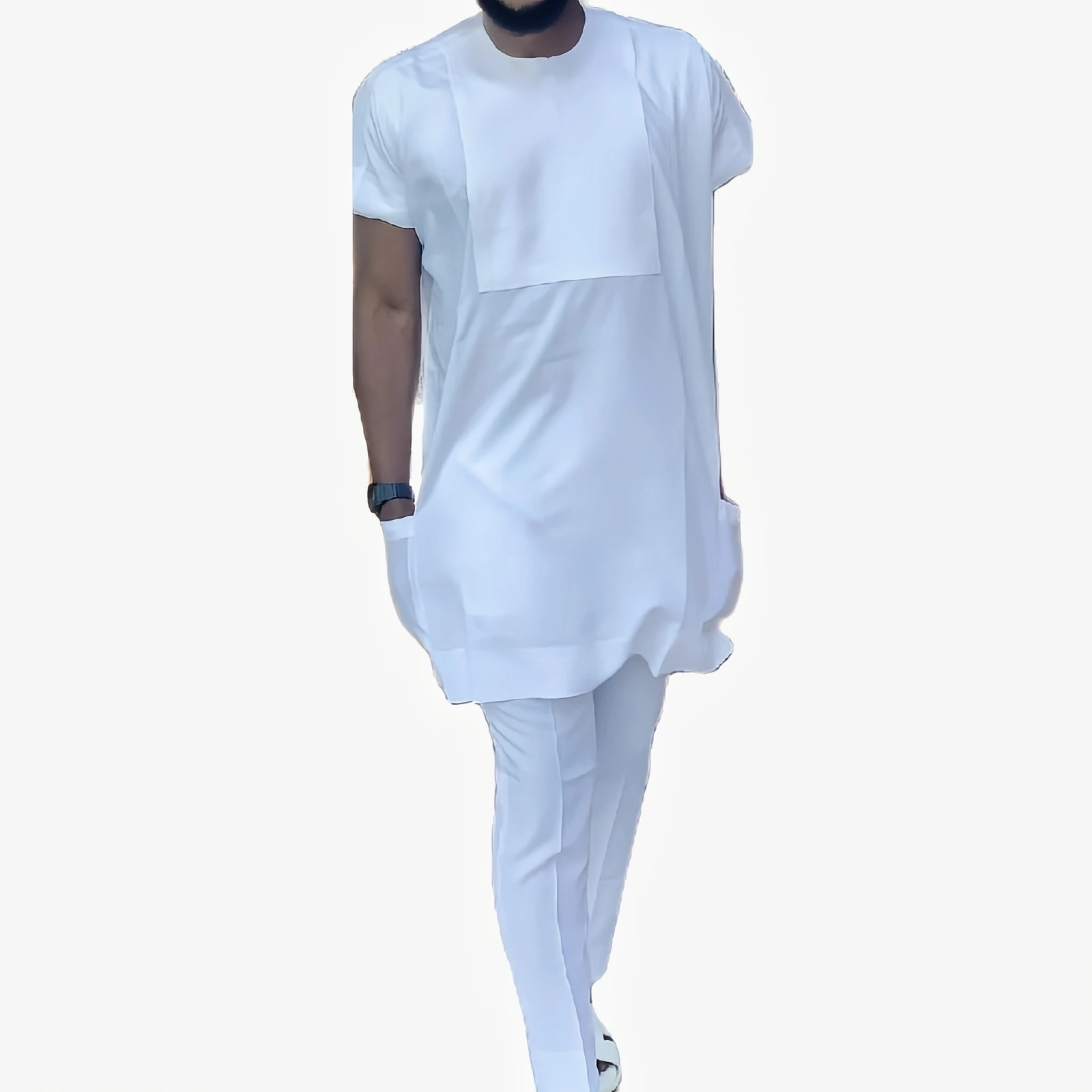 Traje de Pantalón de algodón para hombre, Moda Africana, color blanco sólido, Tops de manga corta + Pantalones informales, ropa de estilo nigeriano