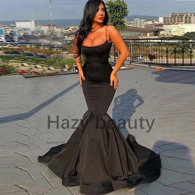 Sexy Black Evening Dresses Mermaid Style Spaghetti Straps Simple Satin Long Formal Party Gowns Sweep Train Prom Dresses