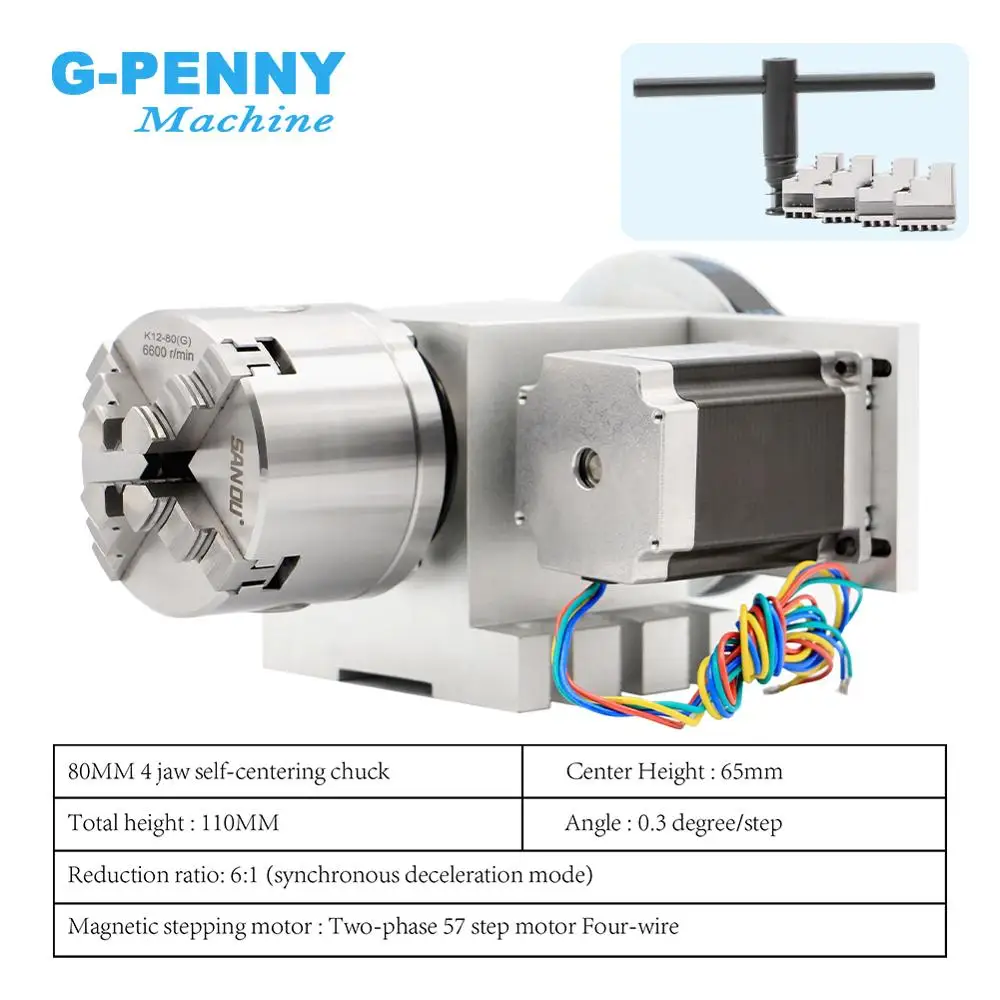 4 Jaw 80mm CNC 4th Axis Reduction ratio 6:1 CNC dividing head/Rotation A axis kit  Nema23 for woodworking engraving machine