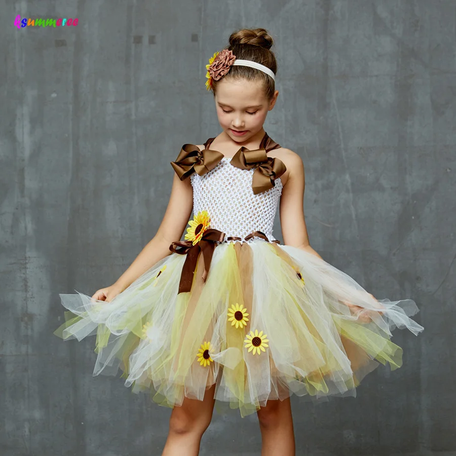 Autumn Sunflower Girls Tutu Dress with Matching Headband Fall Fairy Birthday Dress up Outfit Kids Flower Bows Tulle Dress