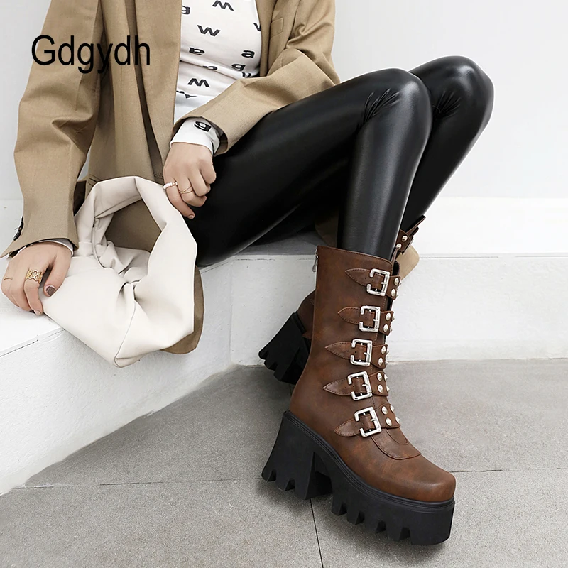 Gdgydh Autumn Winter Gothic Punk Womens Platform Boots Black Blet Buckle Strap Creepers Platform Shoes With Zipper Military Boot