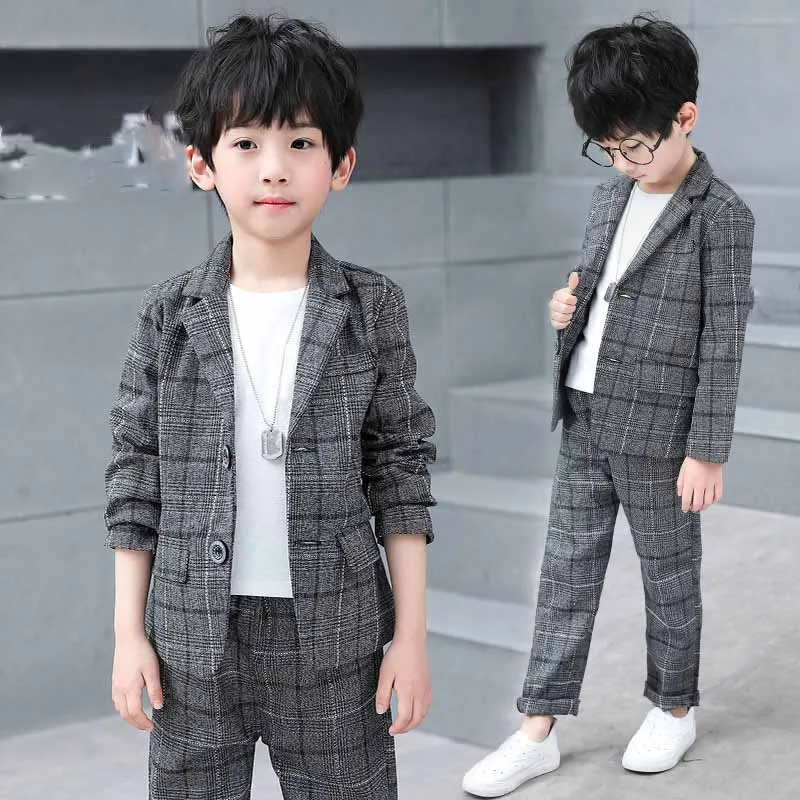 Autunno e inverno ragazzi abiti abito Plaid risvolto costumi formali abito a maniche lunghe giacca + pantaloni moda abbigliamento per bambini 4-13