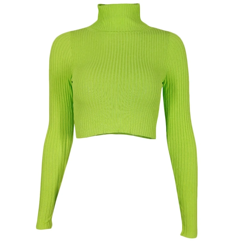 Women Long Sleeve Turtleneck Sweater Ribbed Knitted Bodycon Crop Top Fluorescent Neon Green Solid Pullover Tee Shirts