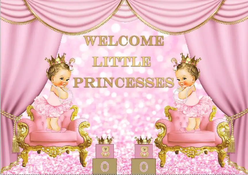 

7x5FT Welcome Little Princess Twins Girl Pink Curtain Baby Shower Custom Photo Studio Backdrop Background Vinyl 220cm X 150cm