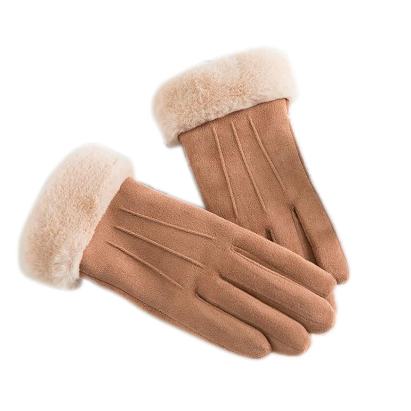 New Winter Women's Suede Gloves Windproof Double-layer Furry Women Gloves Touch Screen Outdoor Warm Gloves Ladies Fashion Mitten