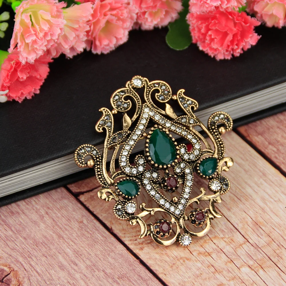 Sunspicems Turkish Crown Brooch for Women Bohemia Ethnic Wedding Jewelry Retro Gold Color Hijab Scarf  Lapel Pins Bridal Gift