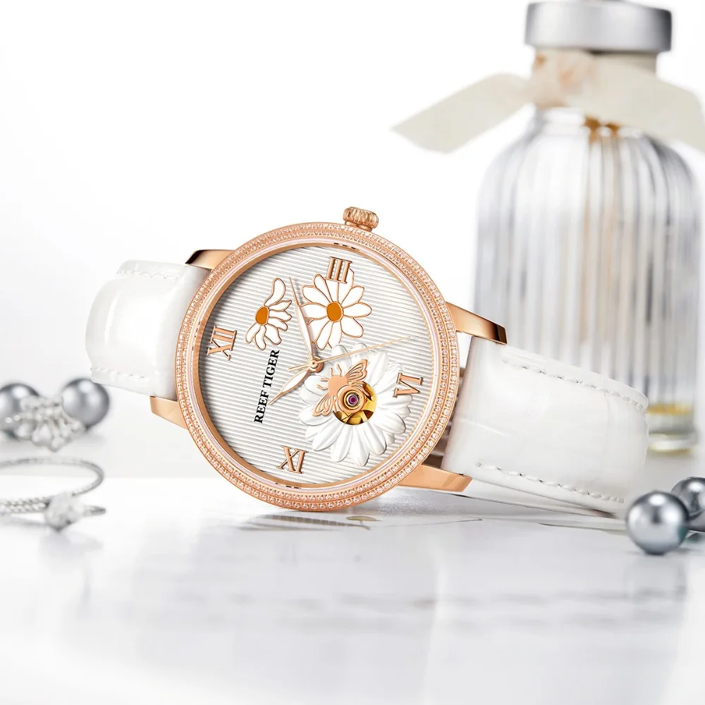 Reef Tiger/RT-reloj elegante para mujer, con cristal de zafiro, resistente al agua, mecánico automático, con movimiento Miyota de lujo