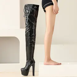 Sgesvier Fashion Over the Knee Women High Heels Platform Thigh Long Boots Lace-up Black Red Fetish Boots Dance Ladies Shoes