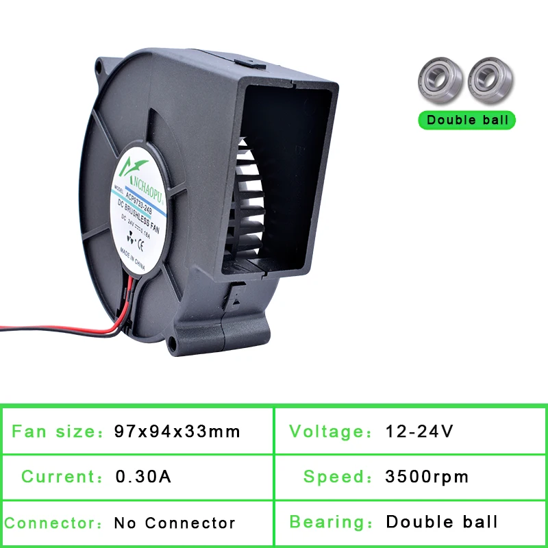 Duplo rolamento de esferas ventilador de refrigeração centrífugo, gabinete turbina ventilador, ACP9733, 97mm, DC 12V, 24V, 3500RPM