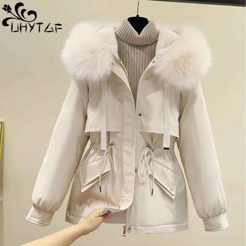 

UHYTGF Winter Jacket Women Parkas Hooded Parka Coat Slim With Fur Collar Outerwear Warm Snow Wear Clothe Manteau Femme Hiver 994