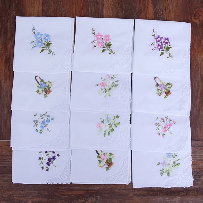 6 Pcs Vintageผ้าฝ้ายสุภาพสตรีปักลูกไม้ผ้าเช็ดหน้าผู้หญิงลายดอกไม้Hanky