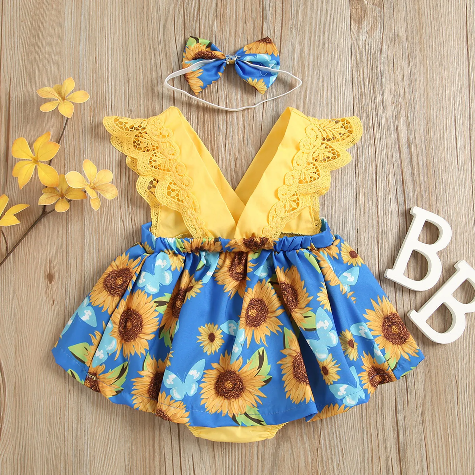 6 12 18 24 Months Newborn Baby Bodysuit Sets With Headband Sleeveless Sunflower Print Romper Infant Outfits Girl Summer Clothing