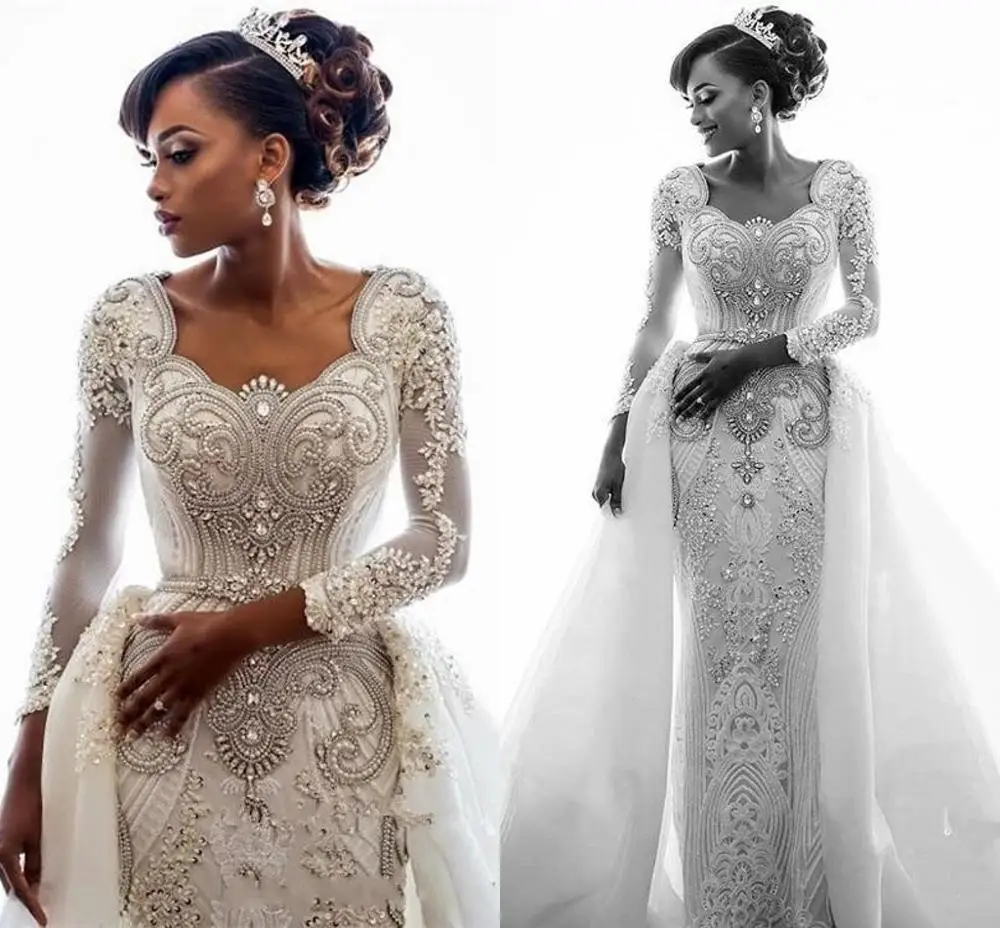 

Luxury African Lace Mermaid Wedding Dress 2024 Long Sleeves Scoop Beaded Crystals Over Skirts Court Train Bridal Gowns Mariee