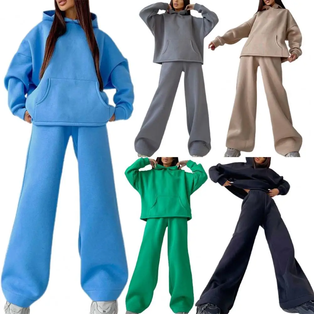 

1 Set Sweatshirt Sweatpants Solid Color Wide Leg Autumn Winter Warm Hoodie Elastic Waist Pants for Daily Wear