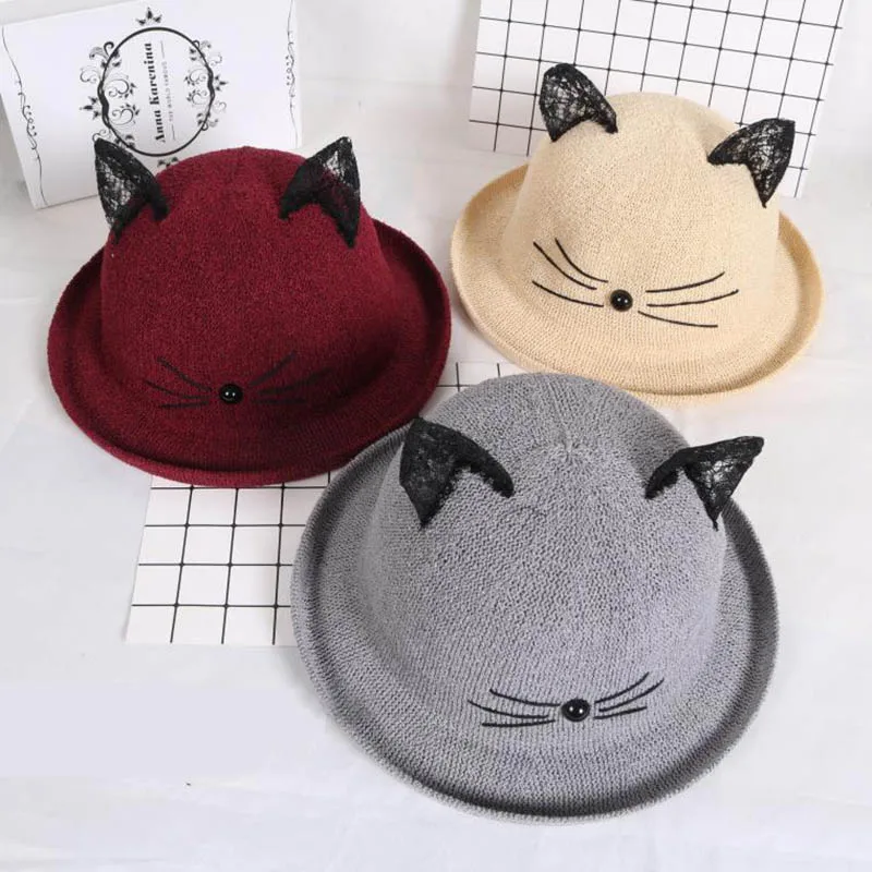 Parent-child Adult / Child Straw Woven Curled Dome Cartoon Cat Ears Sun Hat Women Summer Beach Travel Sunscreen Bowler Hat U33