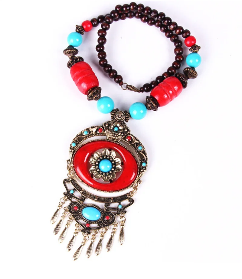 Vintage Nepal Long Buddhist Stone Flower Pendant & Necklace For Women Boho Beads Tassel Wood Necklace Lucky Jewelry