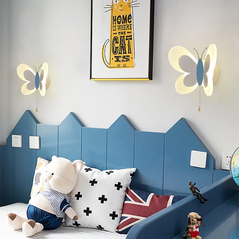 Cartoon Cute Blue Pink Butterfly Wall Lamp Creative Wall Mount LED Light Kids Child Girl Boy Baby Bedroom Nursery School Decor