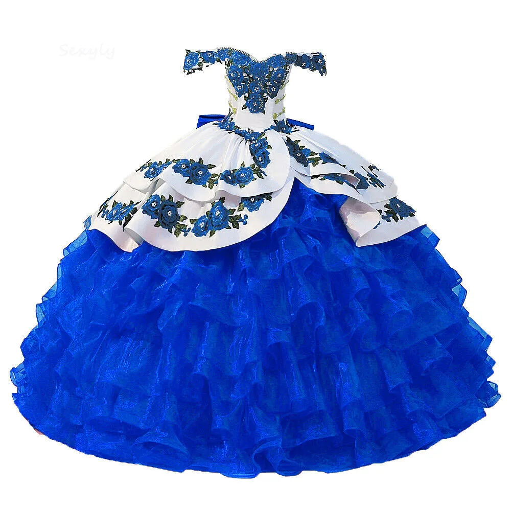 Vestido de quinceañera azul mejicano con flores 2022, vestido de baile con hombros descubiertos, dulce 16 vestido de Organza con volantes, corsé para fiesta de graduación