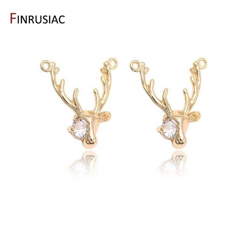 Jewellery Making Supplies 14k gold plated copper metal inlay zircon Deer Animal Pendant Two Hanging Ring Pendants Accessories
