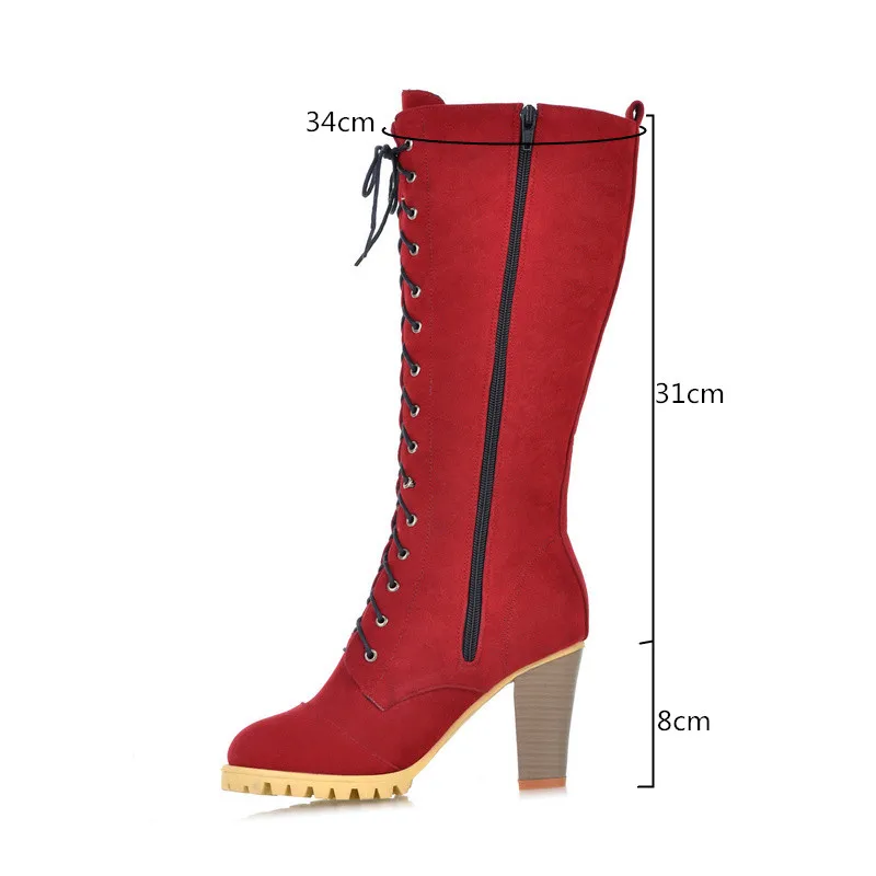 YMECHIC Autumn Britain Cross Tied Lace Up Long Gladiator Boots Women Red Black Block High Heels Motorcycle Biker Boots Shoes 40