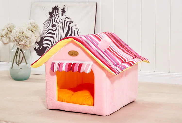 House Shape Removable Dog Houses Striped Folding Warm and Cozy Pet Kennel Portable Dog Cat House Foldable Pet Supplies 3 Size