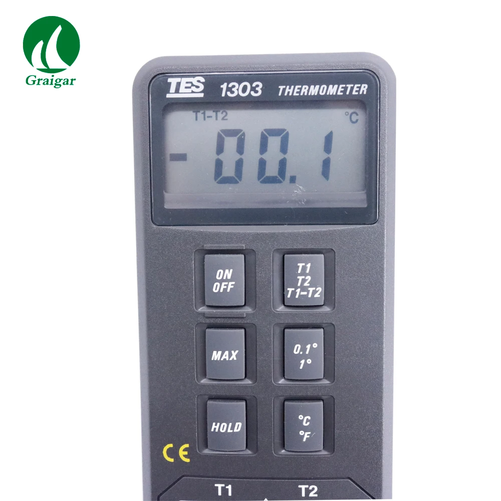 TES1303 Dual Input Digital Thermometer With K Type Thermocouple With Data Hold Function