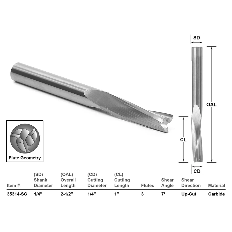 6.35mm Shank CNC Router Bit Low Helix  Spiral 3 Flute UP/DOWN CUT Cutter for for Hard Plastics- Acrylic and Phenolic