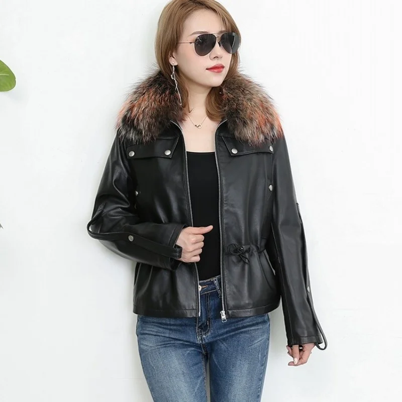 Real Women Fur Collar Sheepskin Coat Streetwear Short Warm Straight Genuine Leather Jacket Luxury Raccoon Fur Slim Fit Outerwear