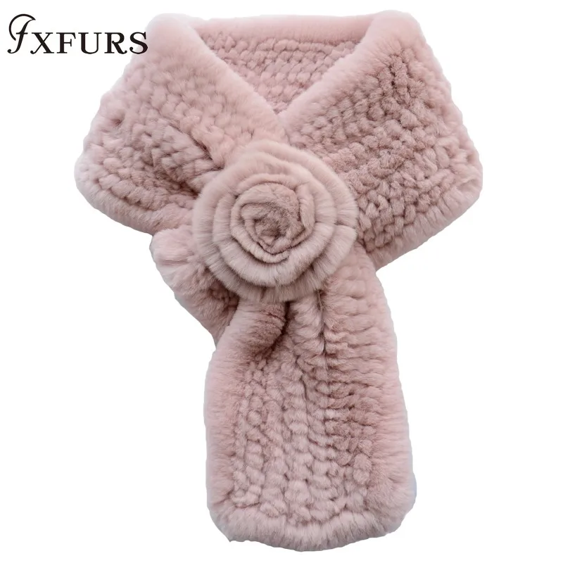 

2020 New Women Knitted Rex Rabbit Fur Scarves with Flowers Winter Fashion Fur Wraps Mufflers Rings Warm Neck Warmer Girls Soft