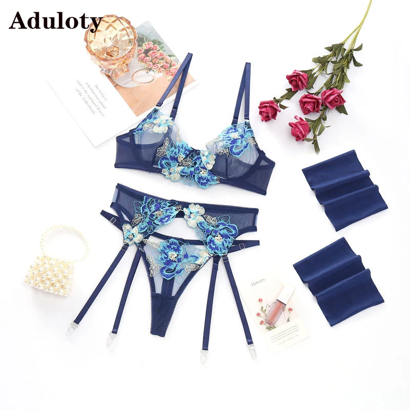 

Aduloty Sexy Delicate Embroidery Blue Butterfly Net Gauze Perspective Transparent Women's Underwear Set Leg Ring Erotic Lingerie