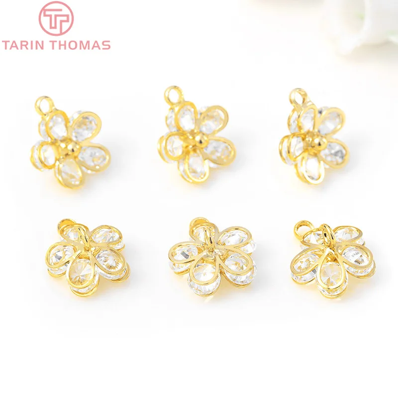 (1408)4PCS 10x12MM 24K Champagne Gold Color Plated Brass with Zircon flower Charms Pendants High Quality Diy Jewelry Accessories