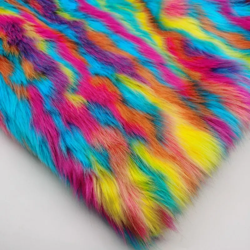 Colorful Strips Printing Plush Fabric, Imitation Fox Pile, Sofa Couch Bedroom Mat Cosplay DIY, Faux Fur Fabric, 1 Meter