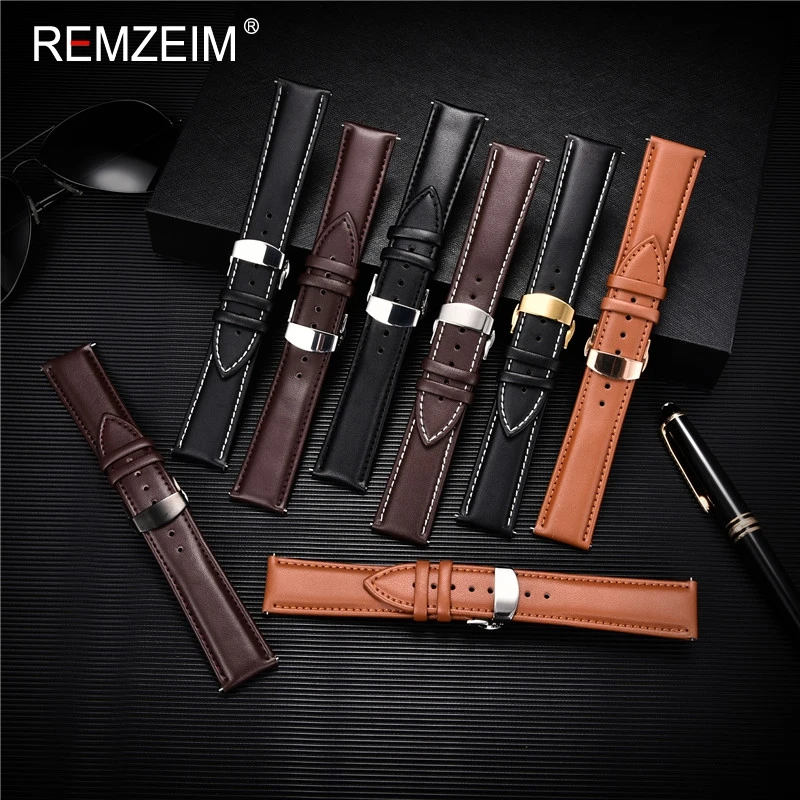 REMZEIM Calfskin Strap Soft Leather Watchband Replacement 18 20 22 24mm Casual Watch Band With Stainless Steel Butterfly Buckle