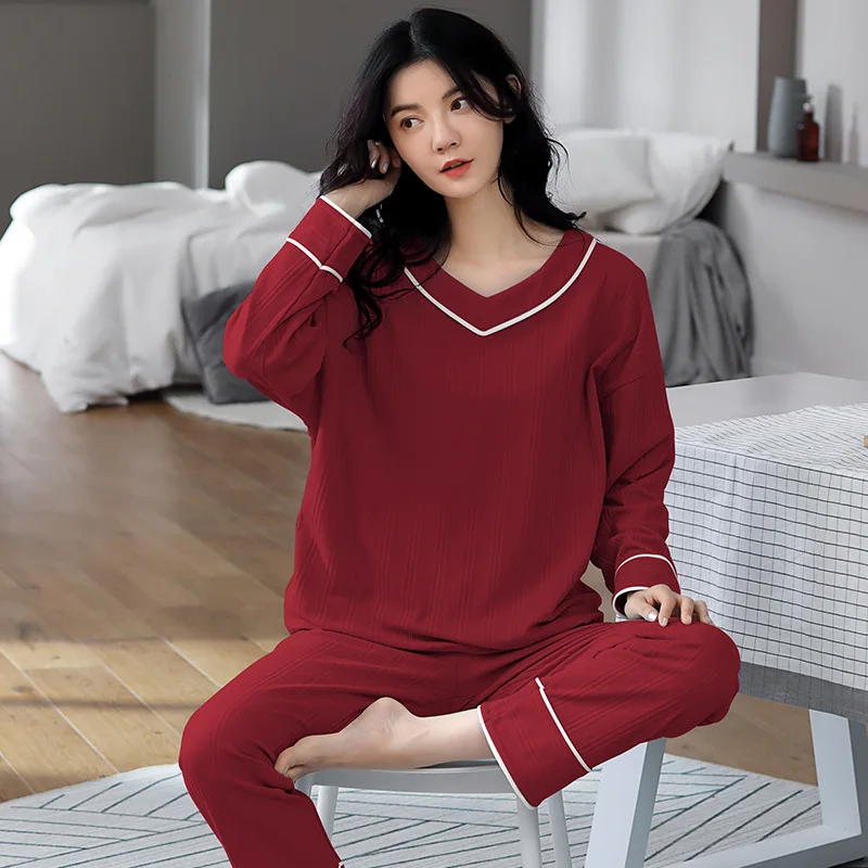 M-5XL Casual Plus Size Full Cotton Pajamas Women Spring Autumn Pyjamas Suit Female Long Sleeve Loose V Neck Sleepwear Set