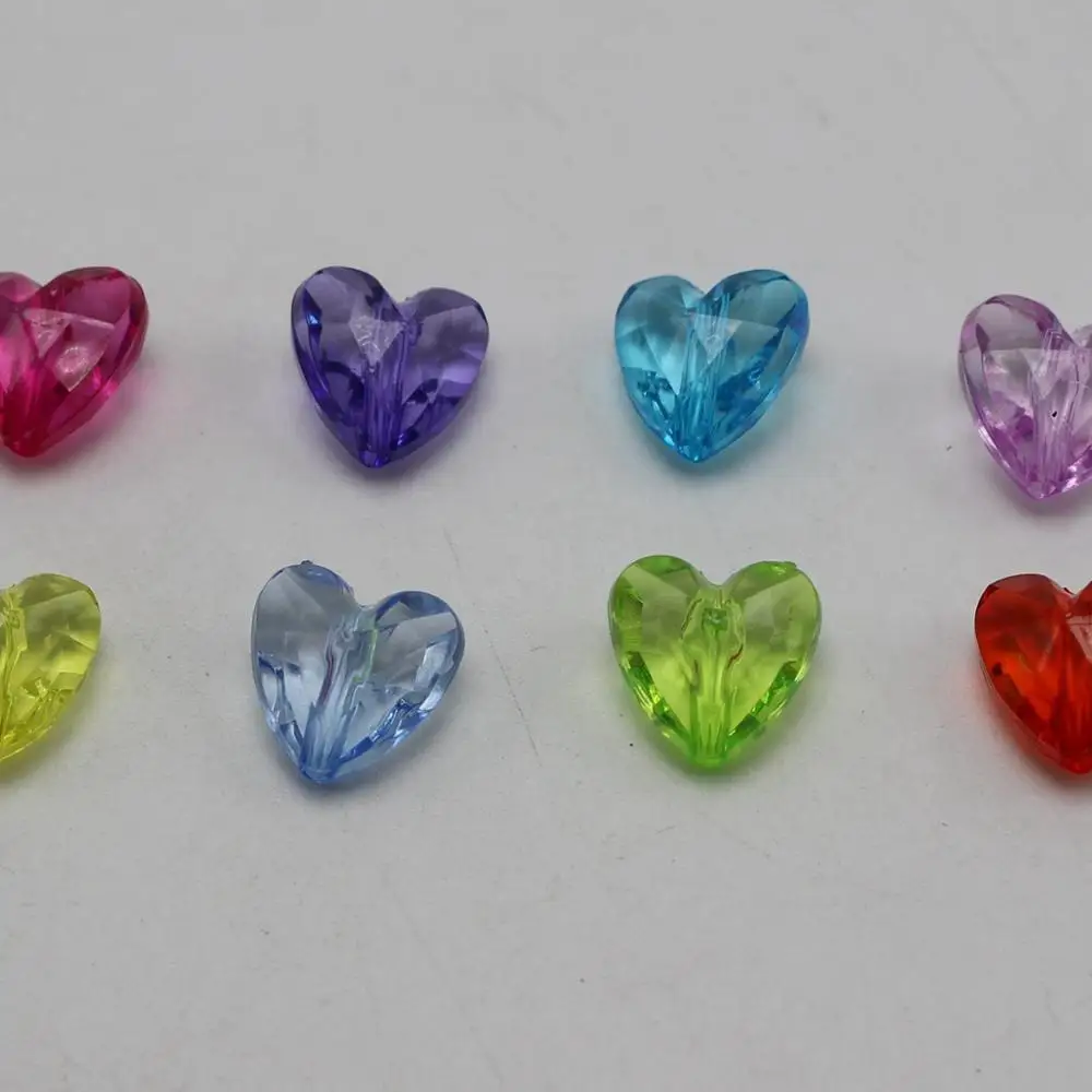 100 Mixed Color Transparent Acrylic Faceted Heart Beads Charms 12X12mm