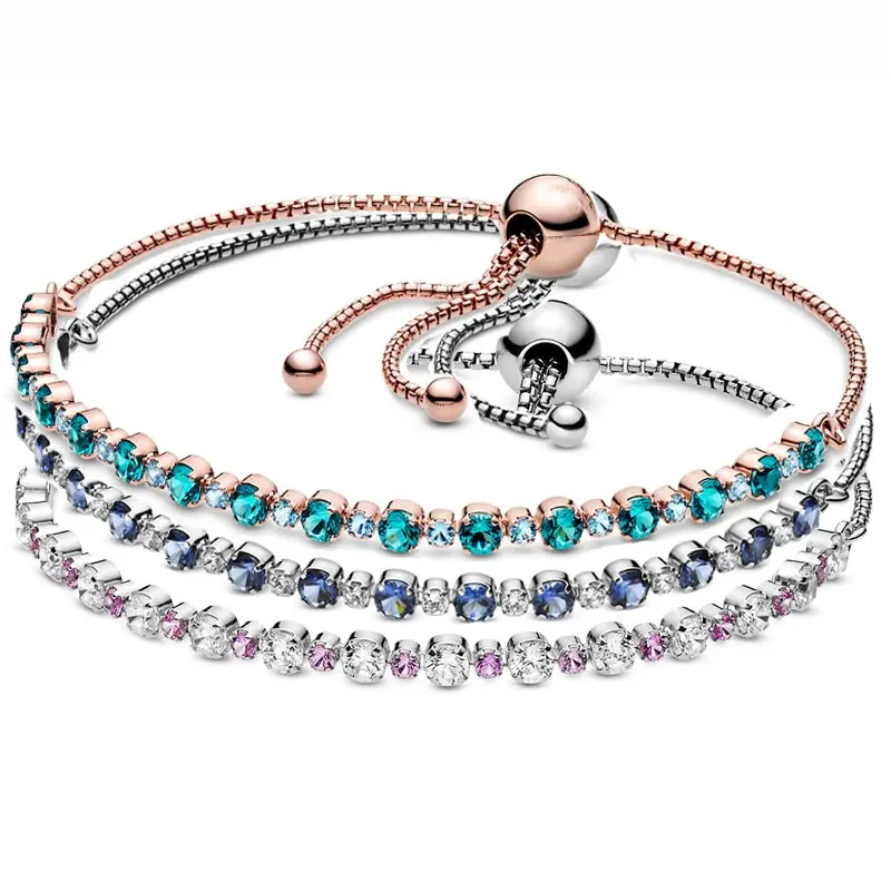 

100% 925 Sterling Silver Bracelet Rose Blue Pink & Clear Sparkle Slider Chain Bracelet Fit Fashion Charm Trendy Diy Jewelry