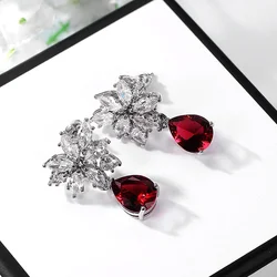 Huitan Elegant Women's Drop Earrings for Dance Party Crystal Red CZ Pendent Wedding Anniversary Female Earring Fashion Jewelry