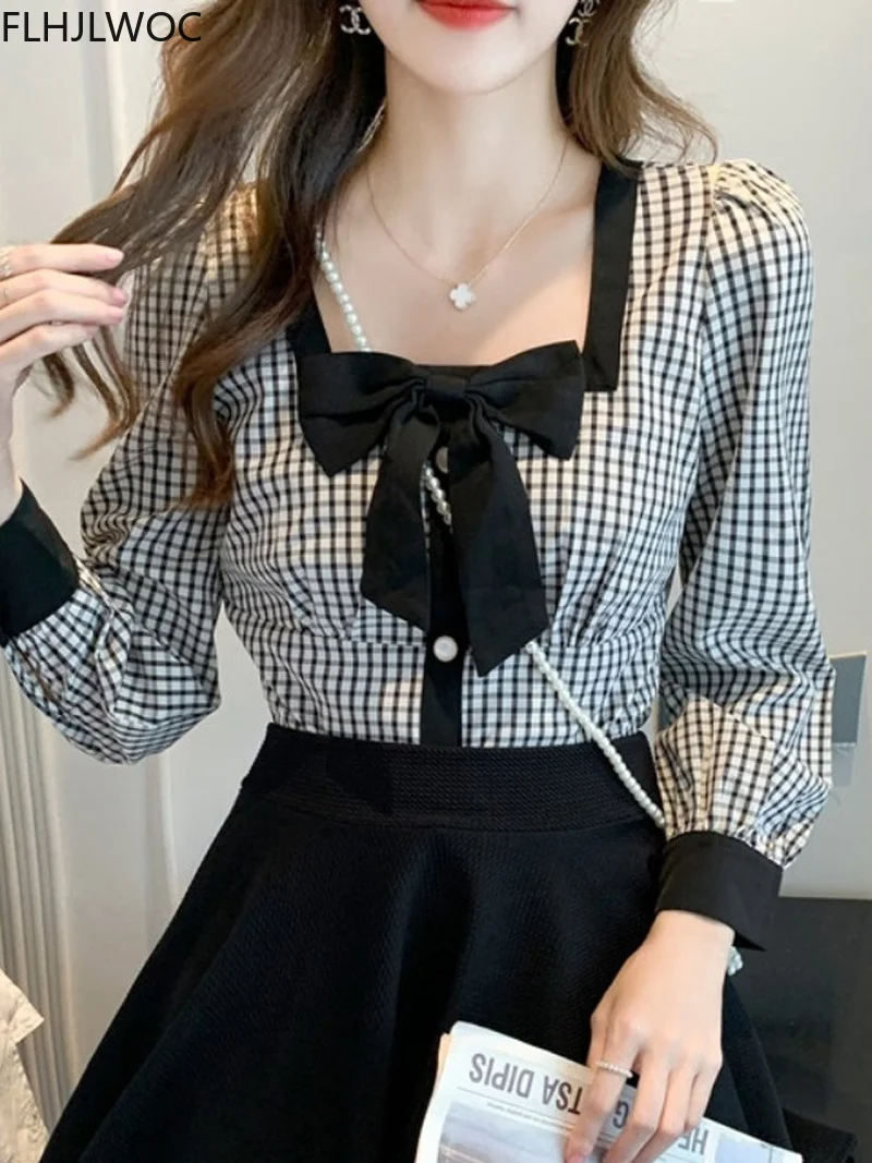 Cute Sweet Bow Tie Tops Square Neck Retro Vintage Plaid Shirts 2021 Women Autumn Basic Wear Chic Japan Style Clothes