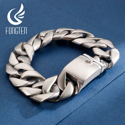 Fongten Silver Color Matte Stainless Steel Bracelet for Men Wide Cuban Link Chain Punk Hip Hop Bangles Male Fashion Jewelry Gift