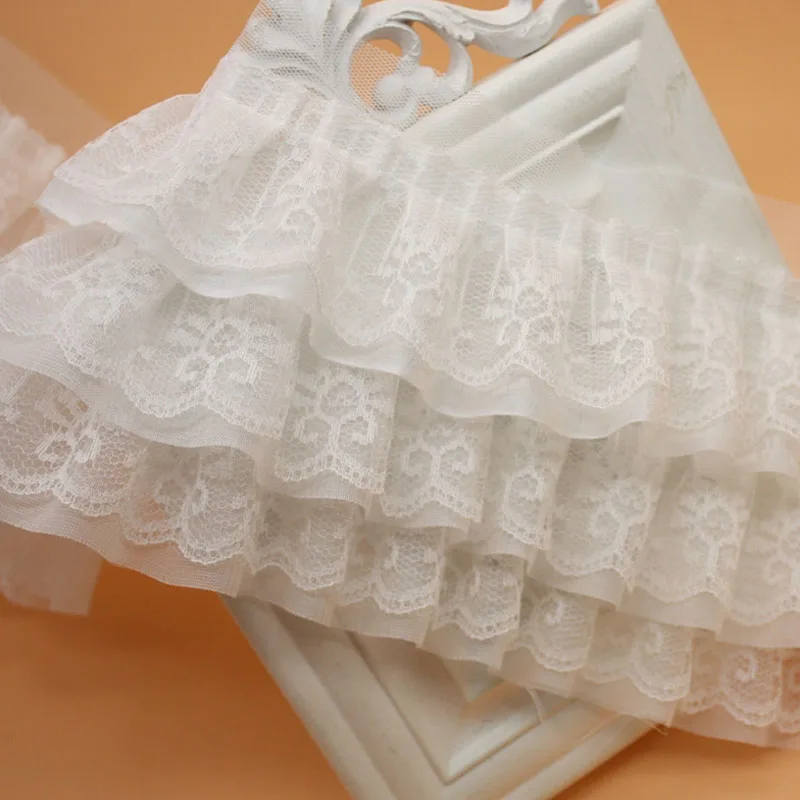 White Pleated Chiffon 3-layer Lace Ribbons Trim Fabric For DIY Garment Dress Collar Applique Guipure Sewing Supplies 13cm wide