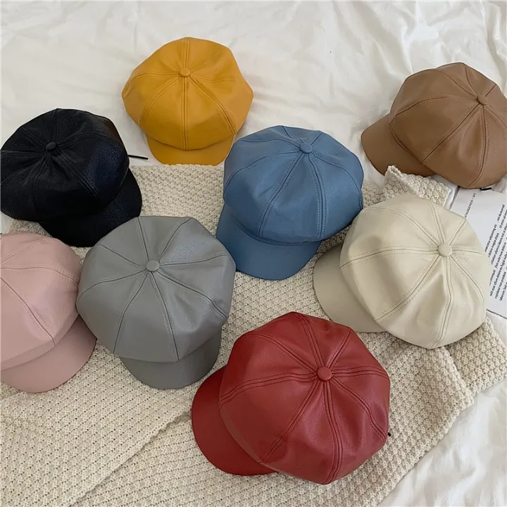 Women Leather Beret with Brim Octagonal Beret Cap Hat Gatsby  Peaked French Painter Hats Autumn and Winter Street Style