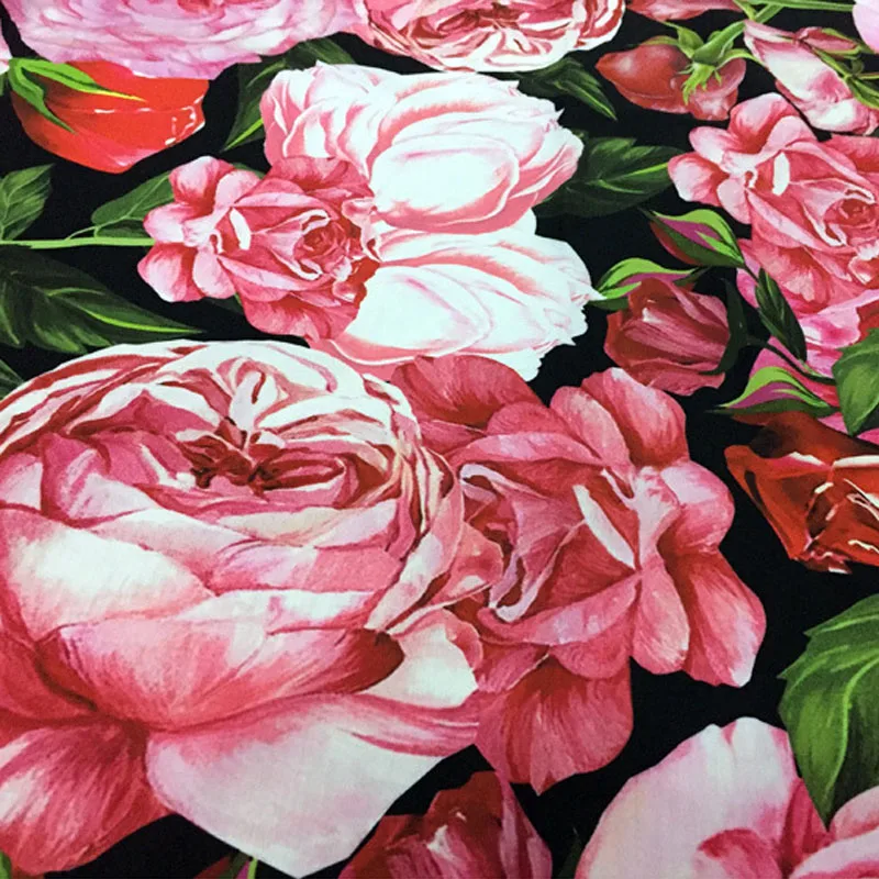 145cm Width Fashion Pink Rose Flower Printed Imitate Cotton  Fabric For Woman/Kids Dress Blouse Pants DIY Cloth Sewing Material