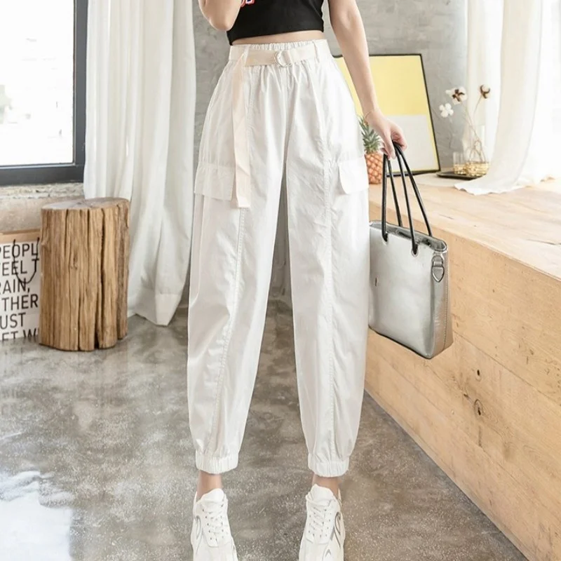 Style Safari Casual Sweatpants Women Fashion Summer Thin Section Elastic High Waist Sashes Loose Fit Ankle Length Cargo Pants