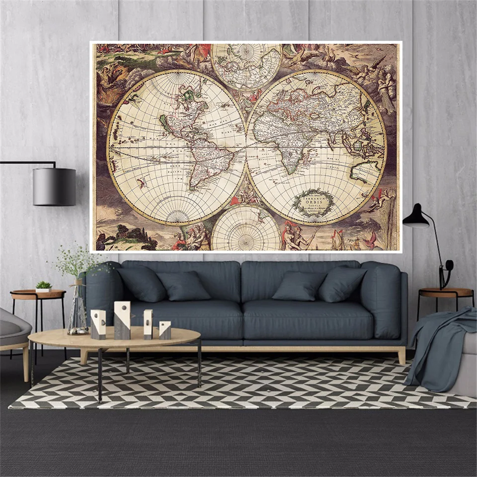 150*100cm Vintage Map of The World Non-woven Canvas Painting Medieval Latin Art Poster Living Room Home Decor School Supplies