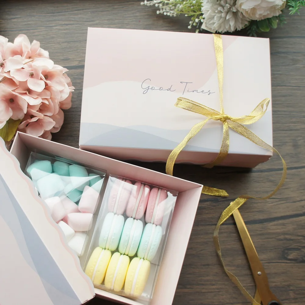 22.5*15*5cm 7.5pcs Soft Pink Blue Wave Paper Box with ribbon Chocolate Cookie Bake Wedding Birthday Favor Party Gifts Packaging