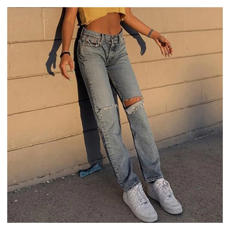 Women Spring New Fall High Waist Jeans Light Blue Fit Denim Pants Lady Autumn Casual Washed Female Full Length Trousers Clothing