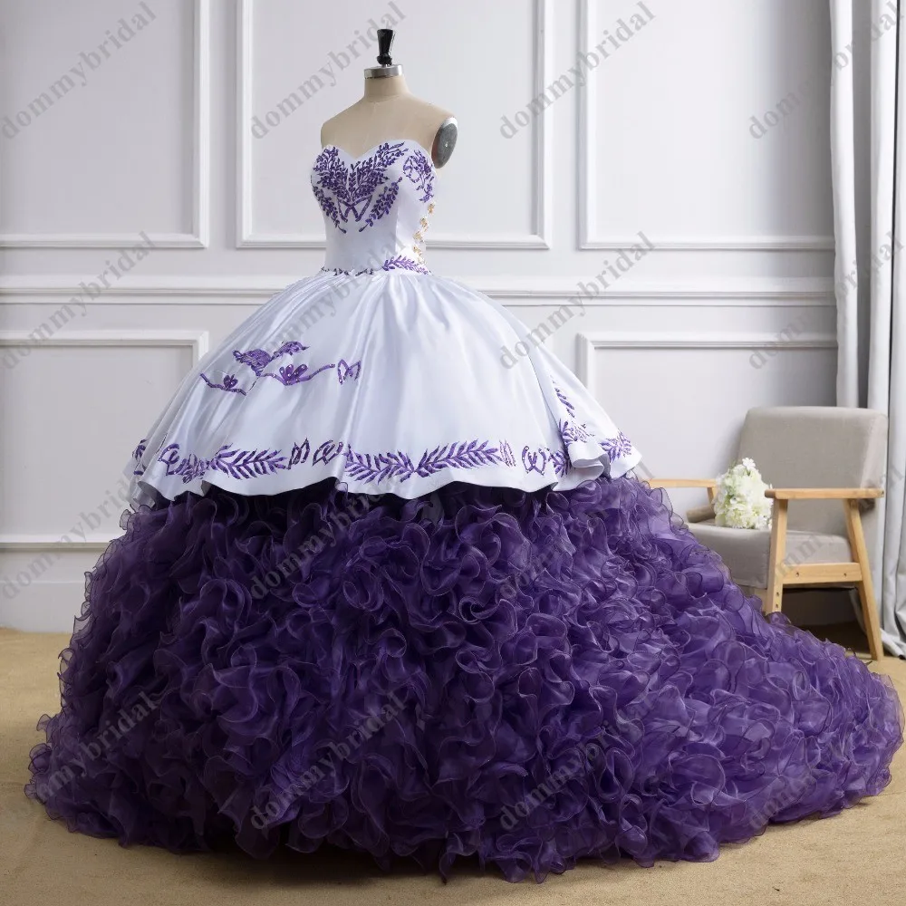 Elegante branco e roxo vestido de baile para as meninas da festa de aniversário formal quinceanera querida babados frisado doce 15 16