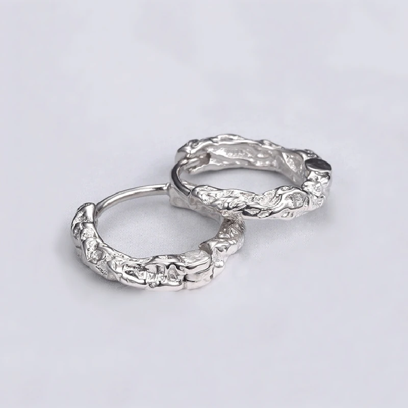 KOFSAC Vintage Black Irregular Texture Hoops Men Jewelry 925 Sterling Silver Earrings For Women Hip-Hop Party Accessories Gifts